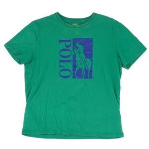 Polo by Ralph Lauren Vintage Green & Blue Graphic Print Cowl Neck T-Shirt. M GUC